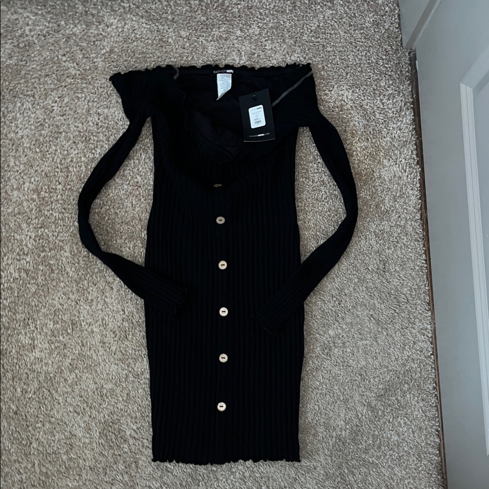 Fashion Nova Black Ribbed Long Sleeve Dress